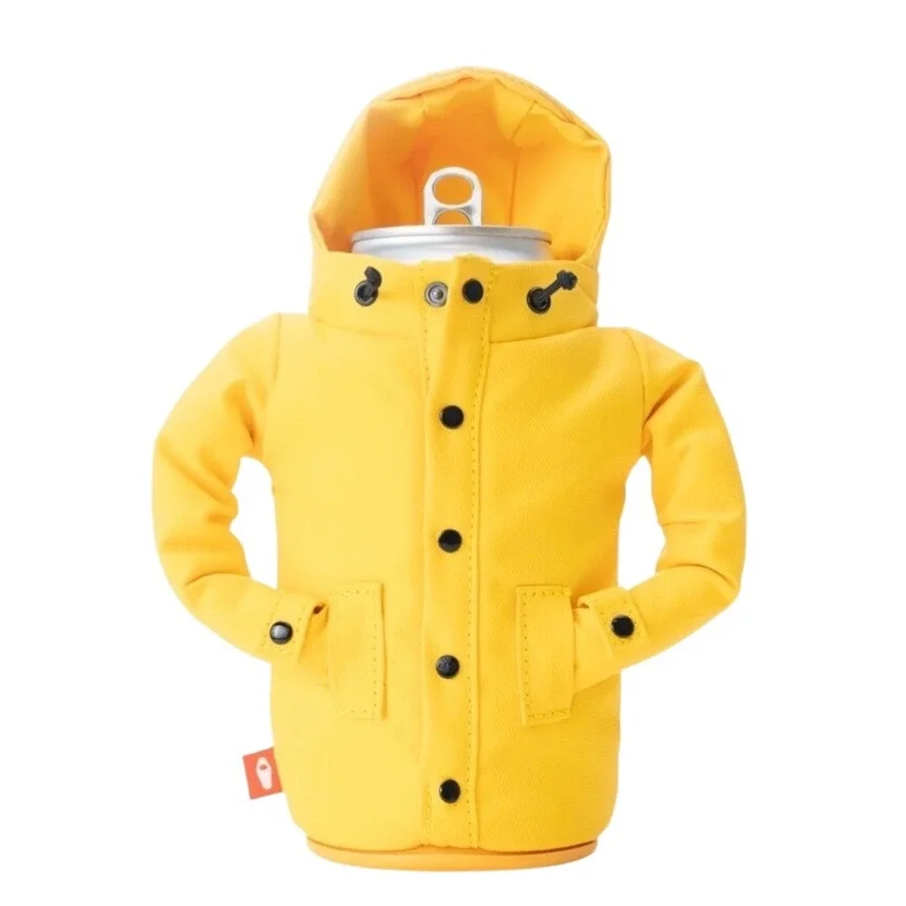 NEW PUFFIN Raincoat Drink Koozie Yellow Novelty Beer Can Bottle Holder Sleeve